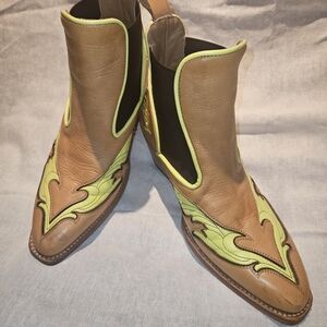 John Fluevog Tan and Lime Heeled Boots